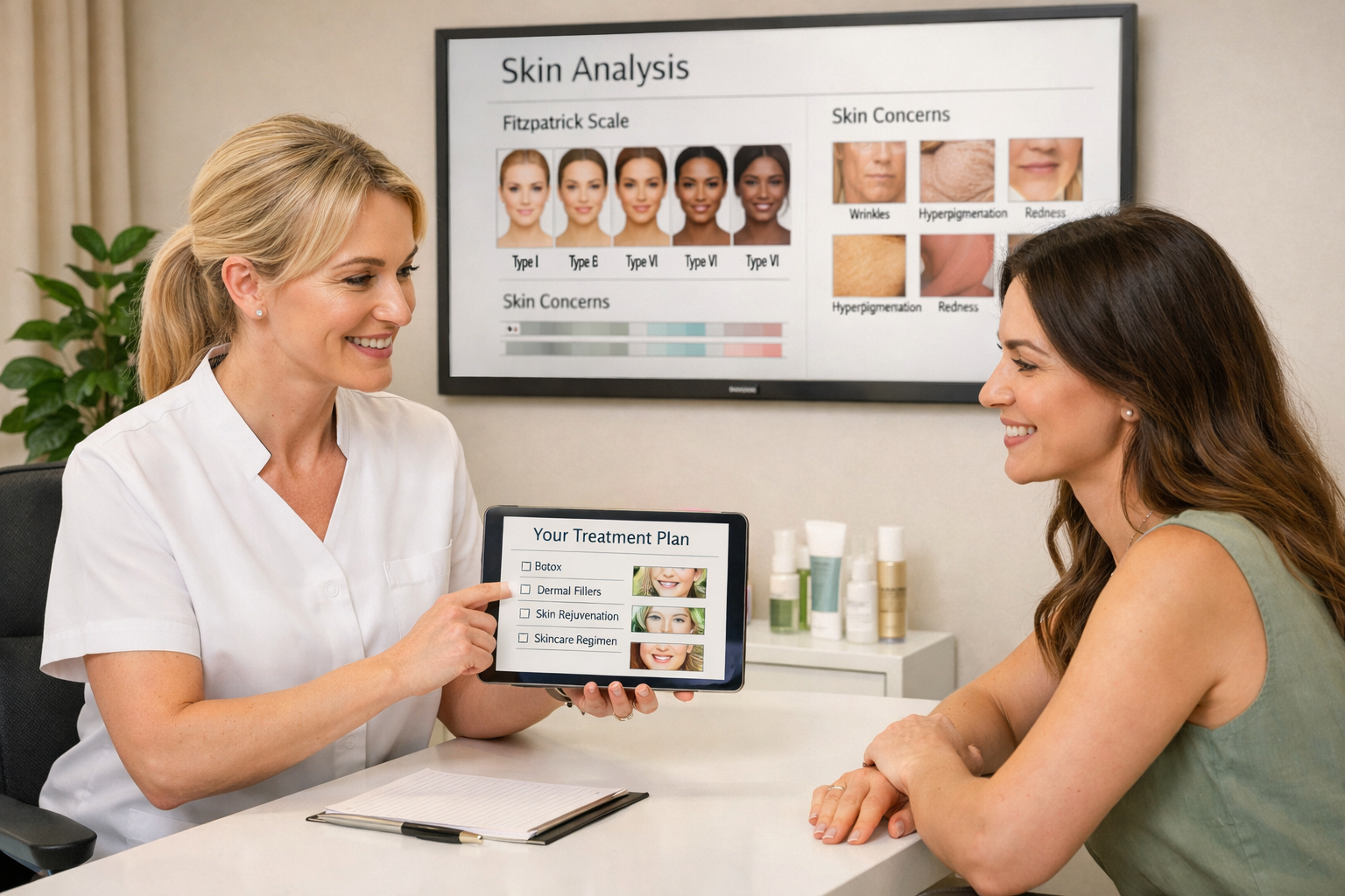 Detailed () image depicting a patient consultation scene at a modern aesthetic clinic in Doncaster. A female aesthetic