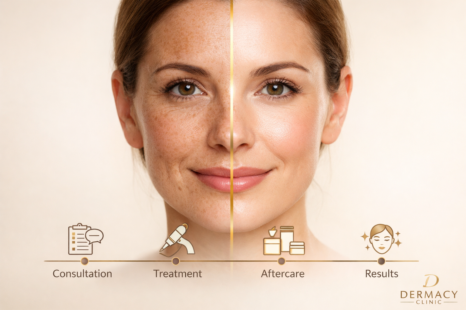 Detailed () image showing a before-and-after split composition of a woman's face, left side showing dull uneven skin tone