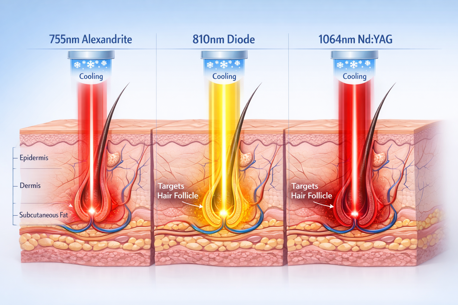 Detailed () image showing a cross-section educational diagram of three laser wavelengths (755nm Alexandrite, 810nm Diode,