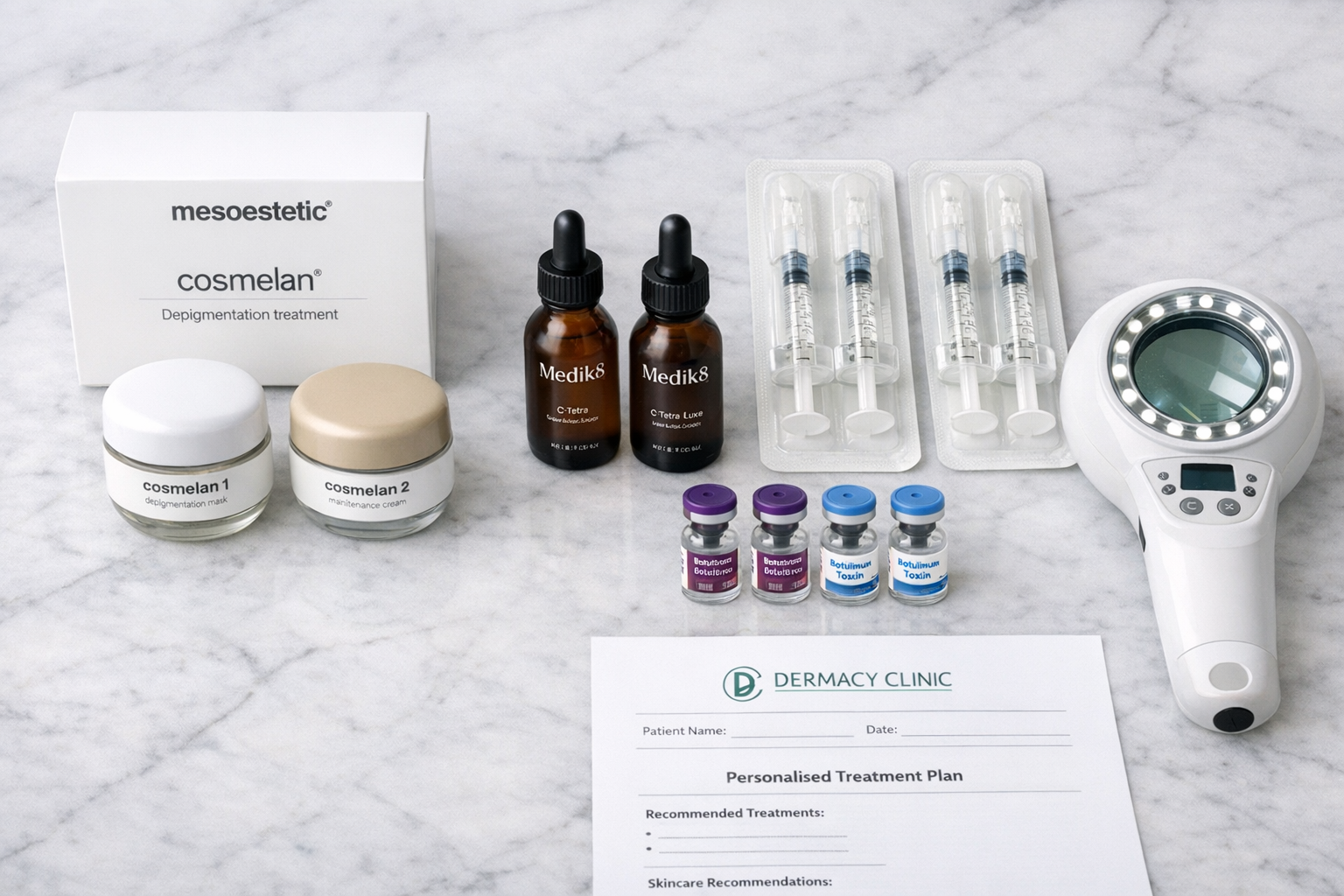 Detailed () image showing an organized flat-lay comparison of professional skincare treatment products and tools on a marble