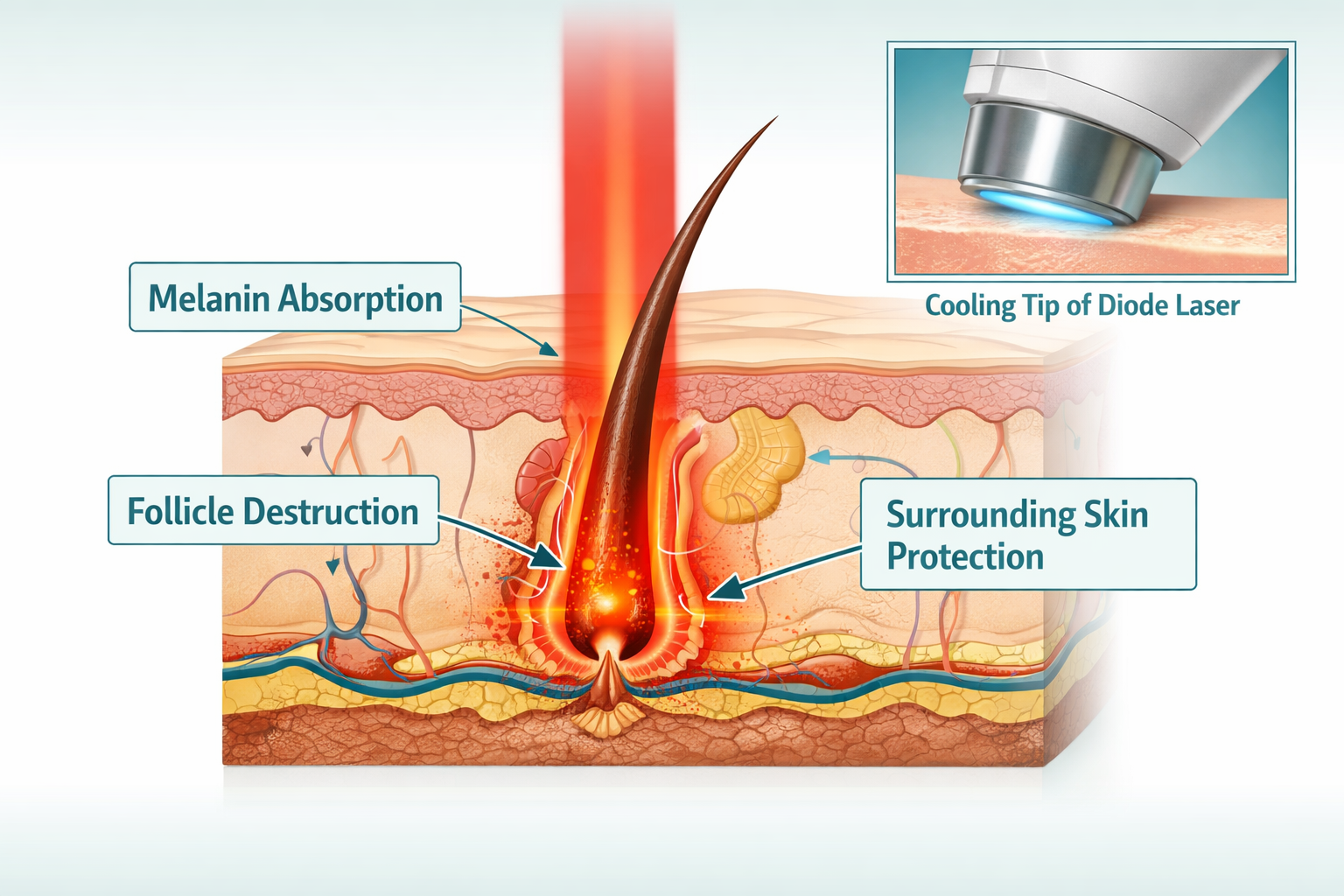 Detailed () infographic-style image showing a cross-section diagram of a hair follicle being targeted by a laser beam, with