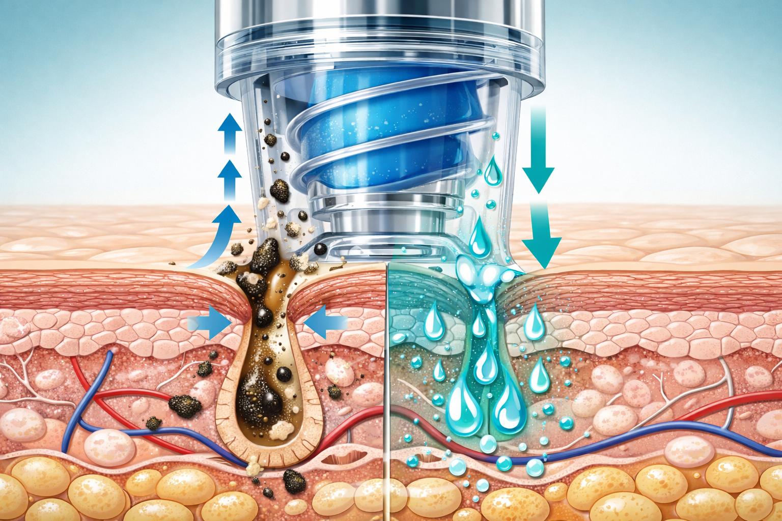 Detailed () scientific diagram-style illustration showing the HydraFacial Vortex-Fusion spiral tip in cross-section, with