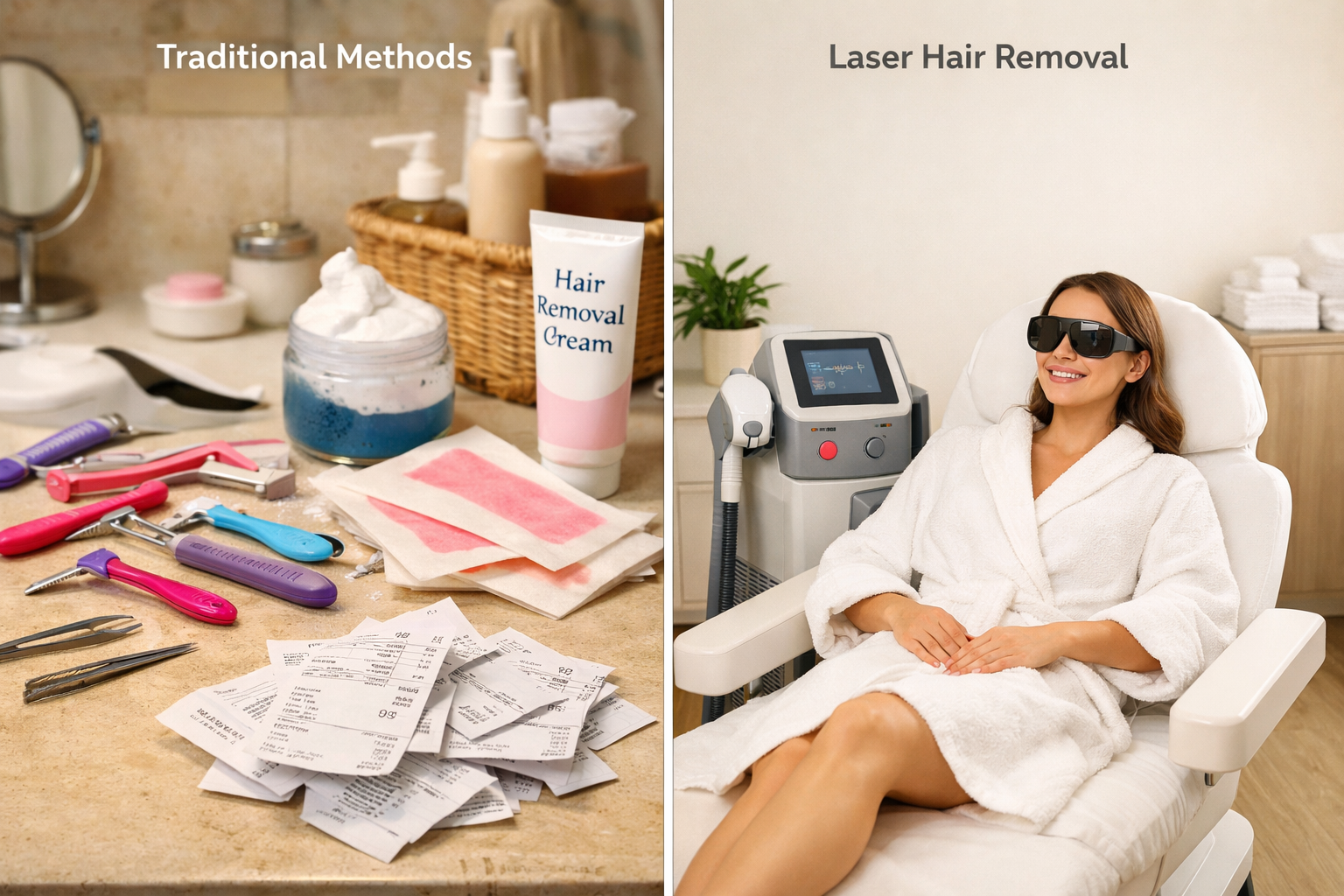 Detailed () split-screen comparison image showing two scenes side by side. Left side depicts a woman's bathroom counter