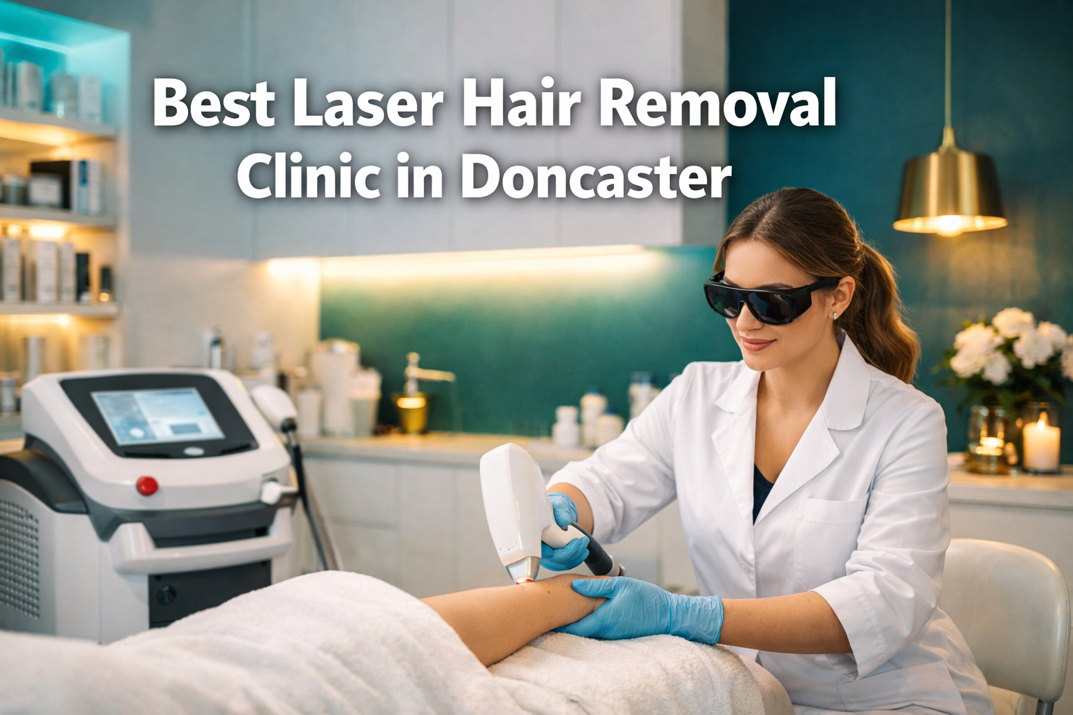 Professional () hero image with : 'Best Laser Hair Removal Clinic in Doncaster' in extra large white with soft dark ,