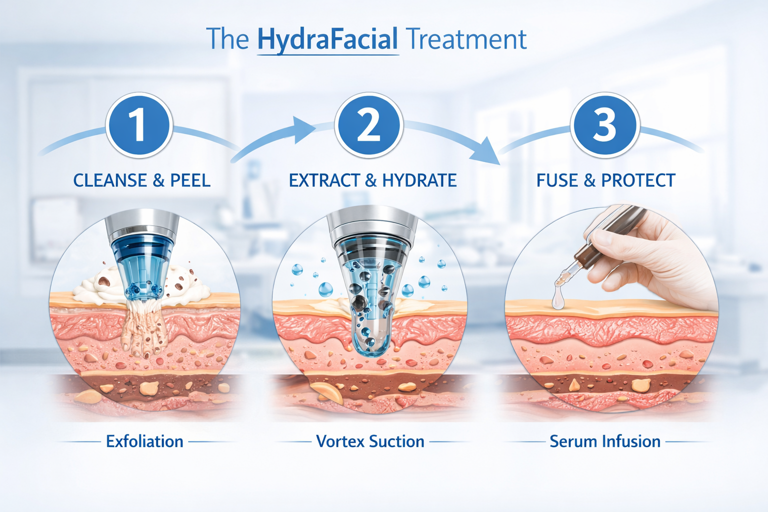 () detailed infographic showing the three-step HydraFacial treatment process with numbered circular icons (1, 2, 3)