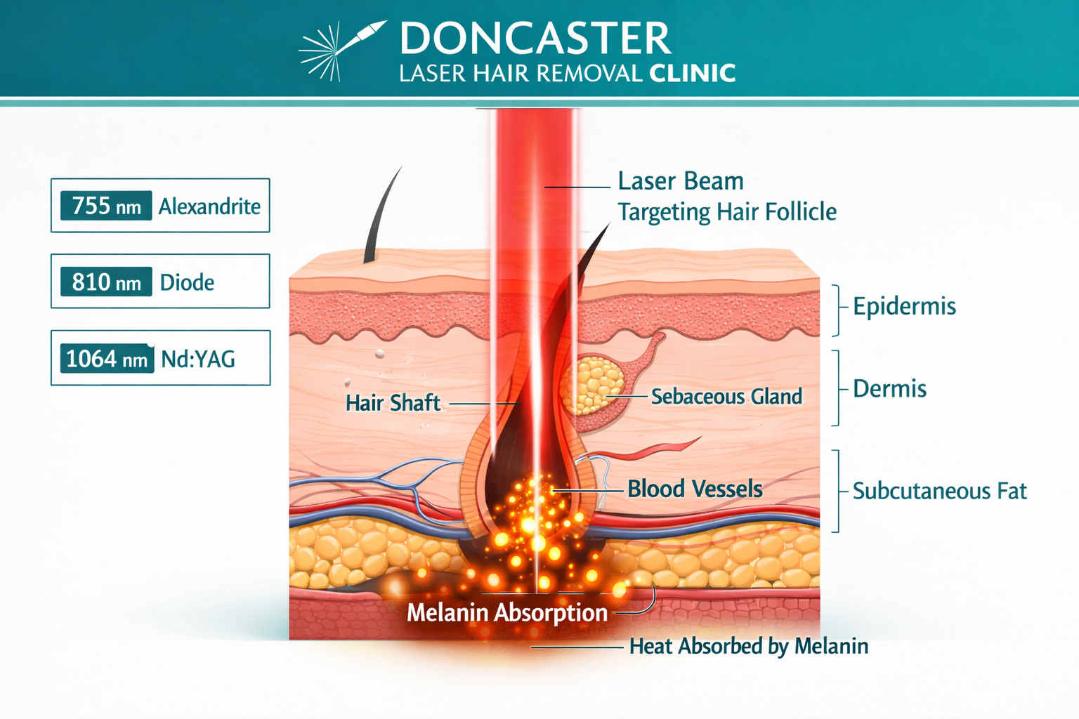 () editorial illustration showing a detailed cross-section diagram of human skin layers with a laser beam targeting a hair