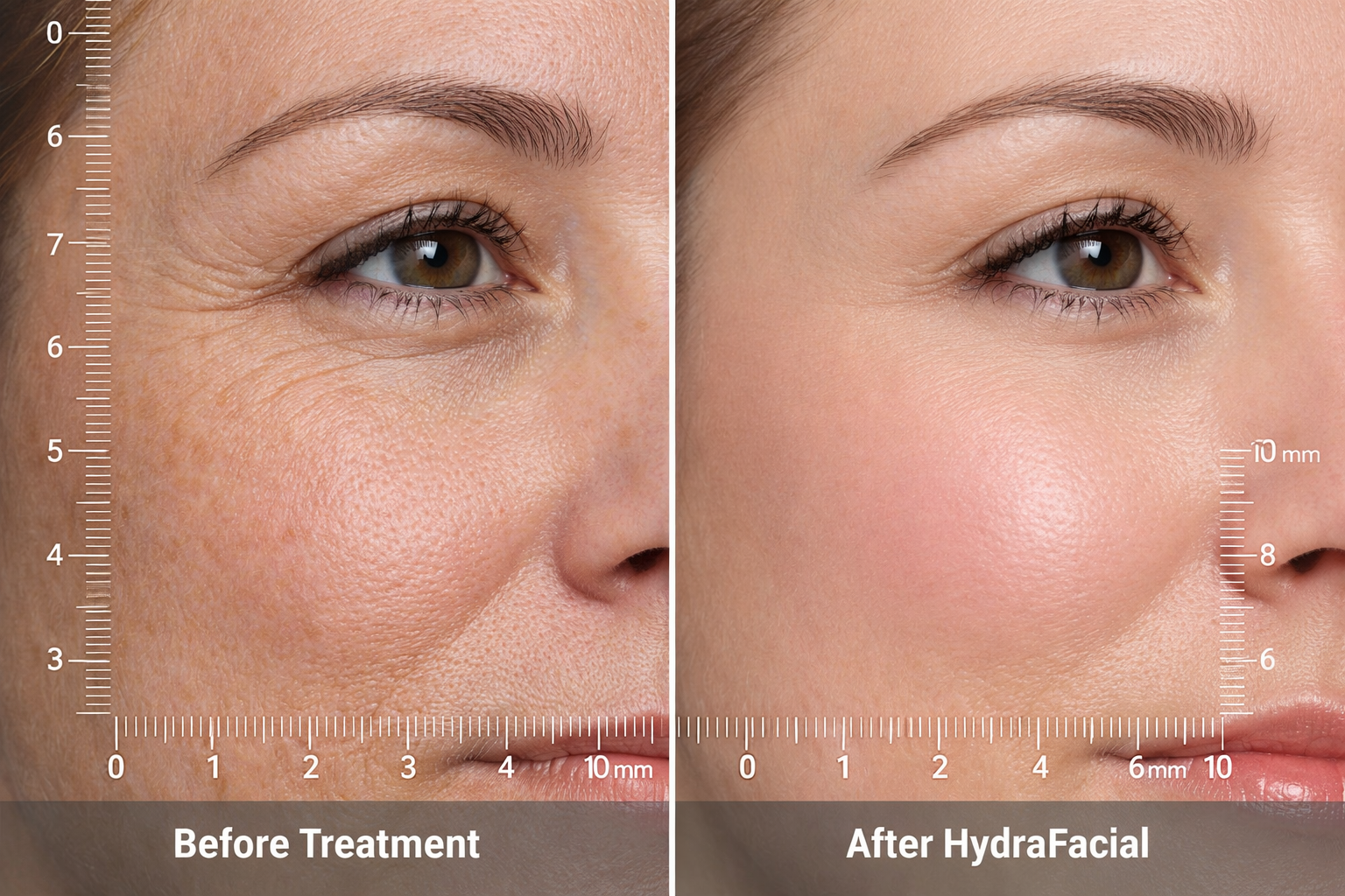 () side-by-side before and after comparison image showing facial skin transformation. Left side labeled 'Before Treatment'