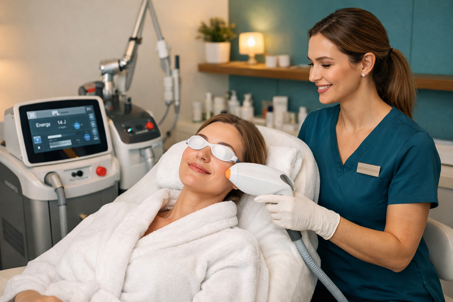 Detailed () image depicting a modern aesthetic clinic treatment room with a patient reclined comfortably on a treatment bed,