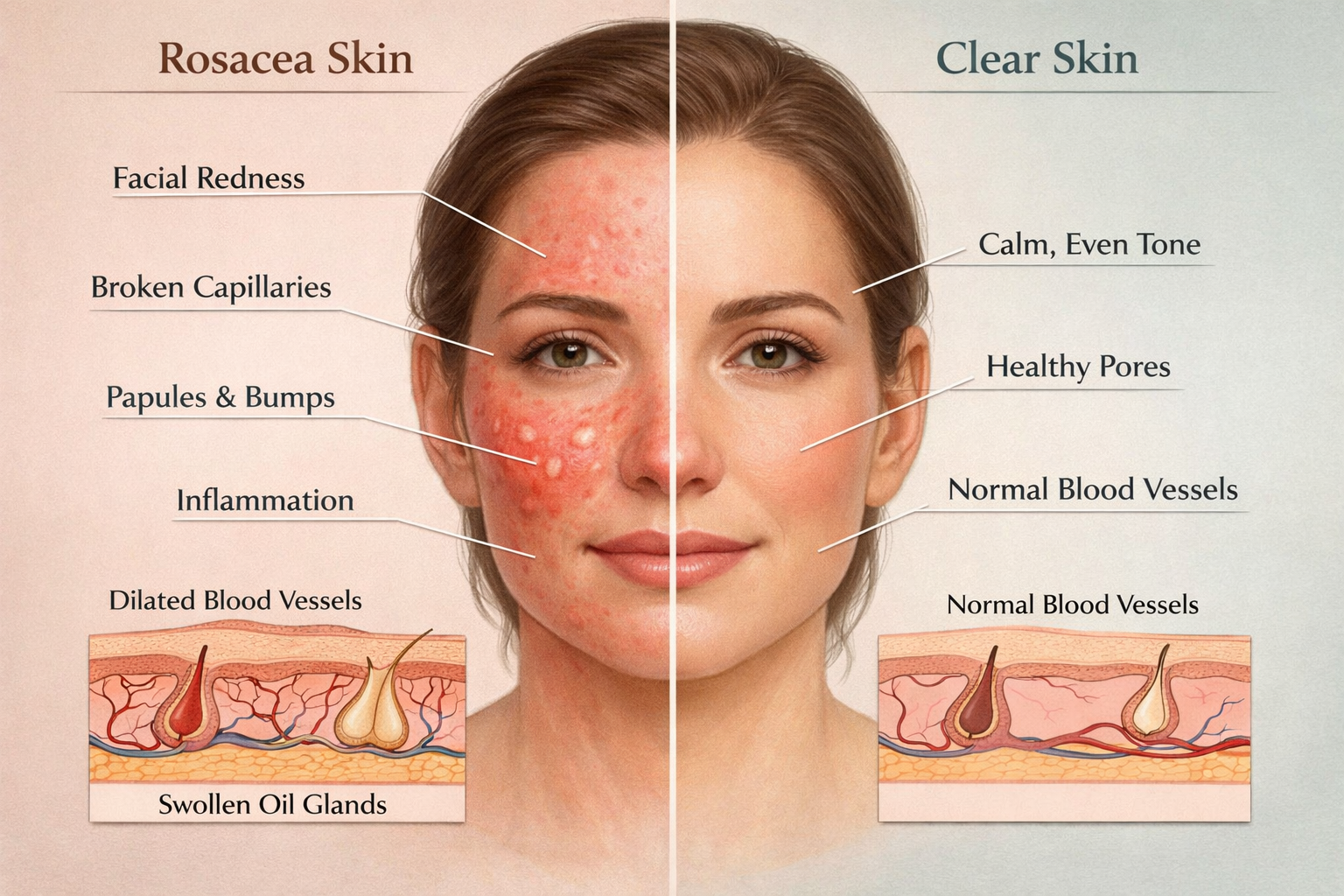 Detailed () image showing a split-view educational diagram of rosacea skin: left side depicts inflamed facial skin with