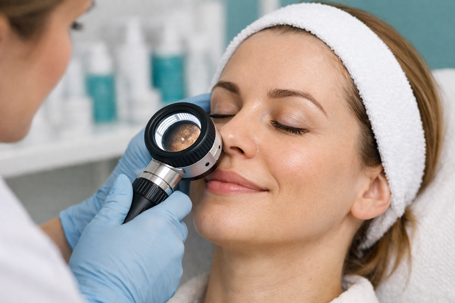 () close-up editorial photograph of a professional skin analysis consultation at a modern aesthetic clinic, showing a