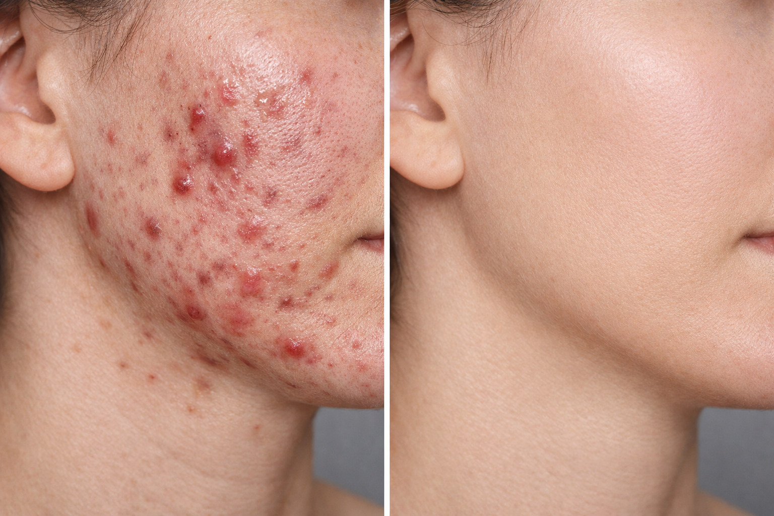 () split-screen before-and-after style photograph showing two side-by-side views of the same person's cheek and jawline