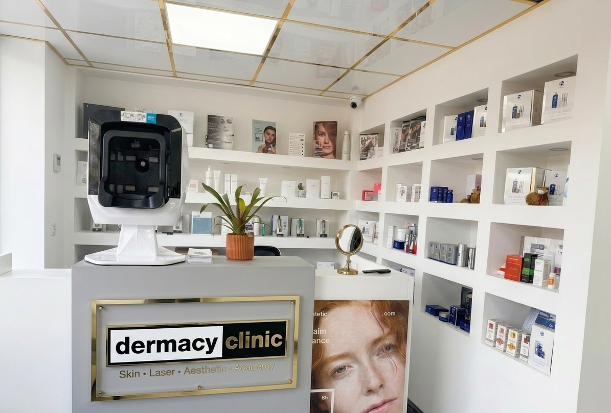 Dermacy Clinic reception with professional skincare shelves
