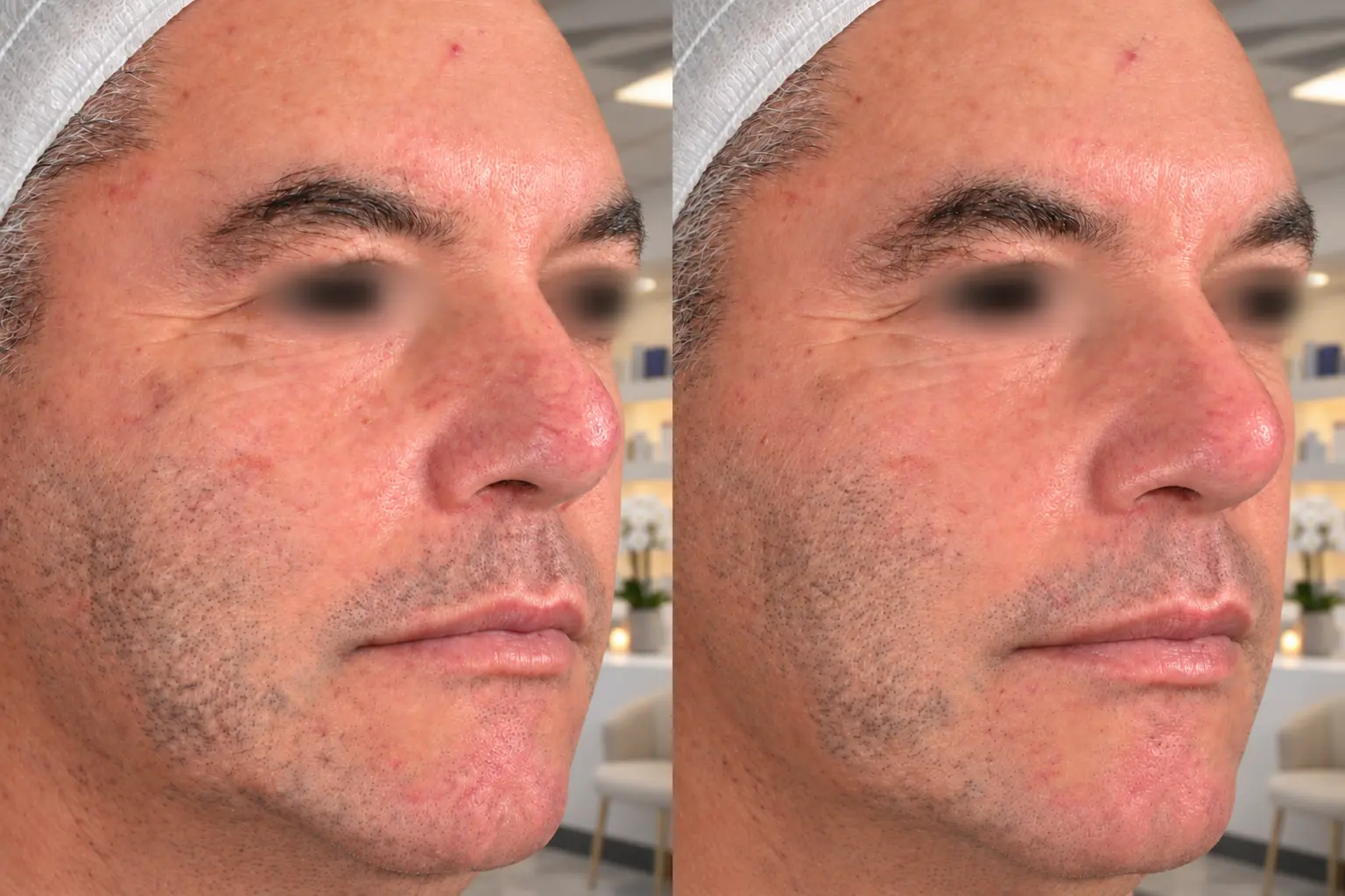 Before and after rosacea treatment at Dermacy Clinic Doncaster, showing redness and visible small vessels on the nose and cheek of a male client appearing calmer and less flushed