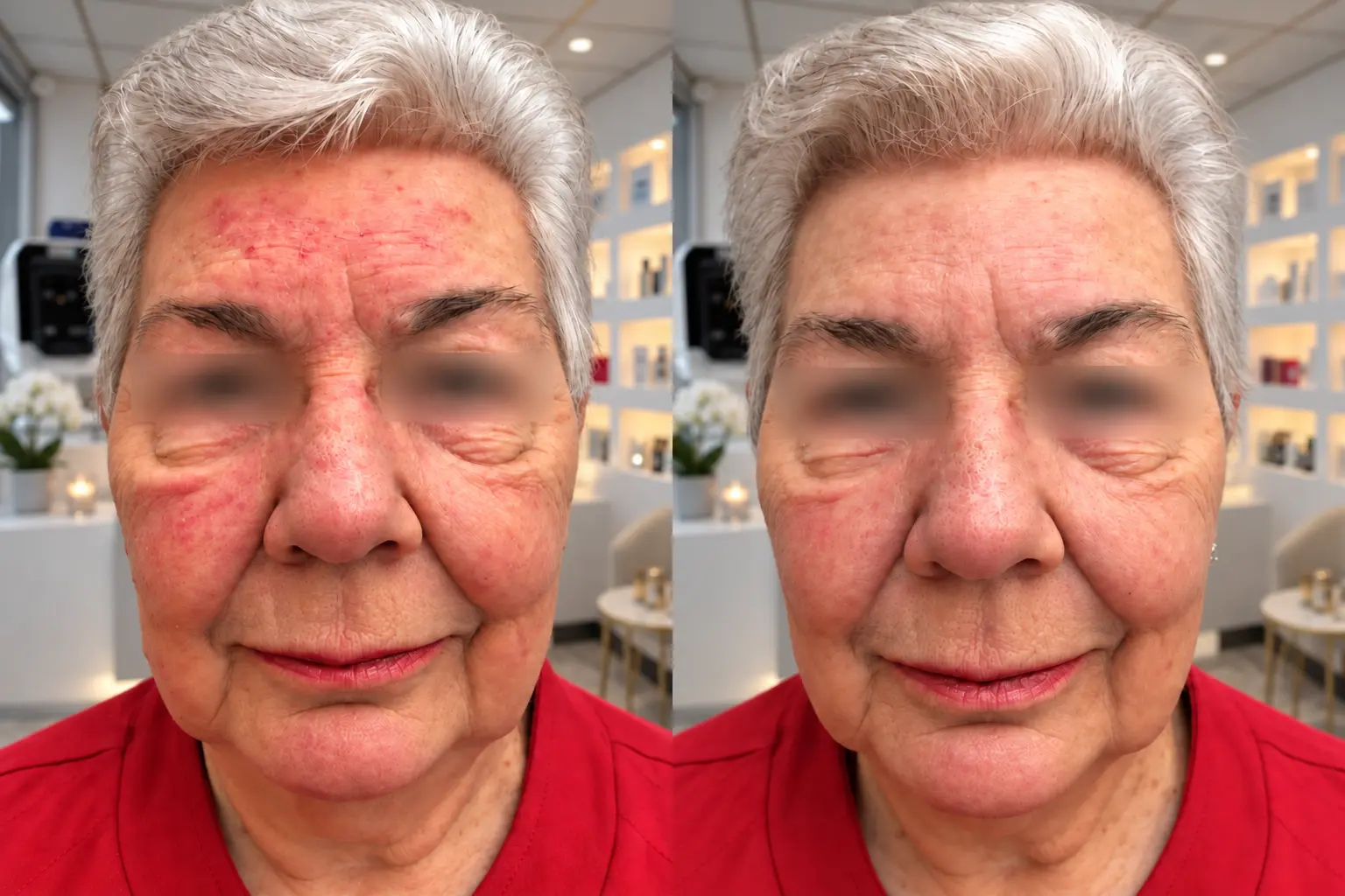 Before and after rosacea treatment at Dermacy Clinic: redness across nose and cheeks reduced