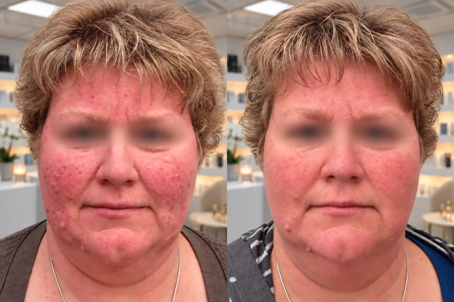 Before and after papulopustular rosacea treatment at Dermacy Clinic Doncaster, showing widespread papules and pustules on the cheeks, nose and chin clearing to calmer, more even skin