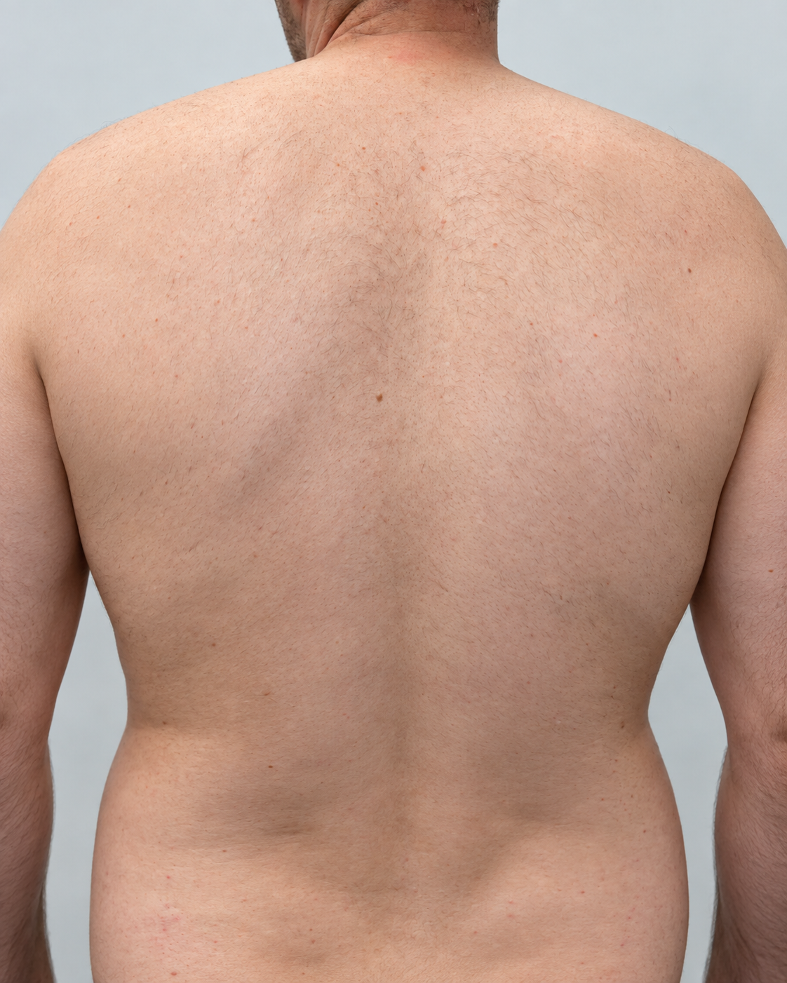 A man&rsquo;s full back and shoulders after a course of laser hair removal, with the hair cleared and the skin left smooth, at Dermacy Clinic in Armthorpe, Doncaster