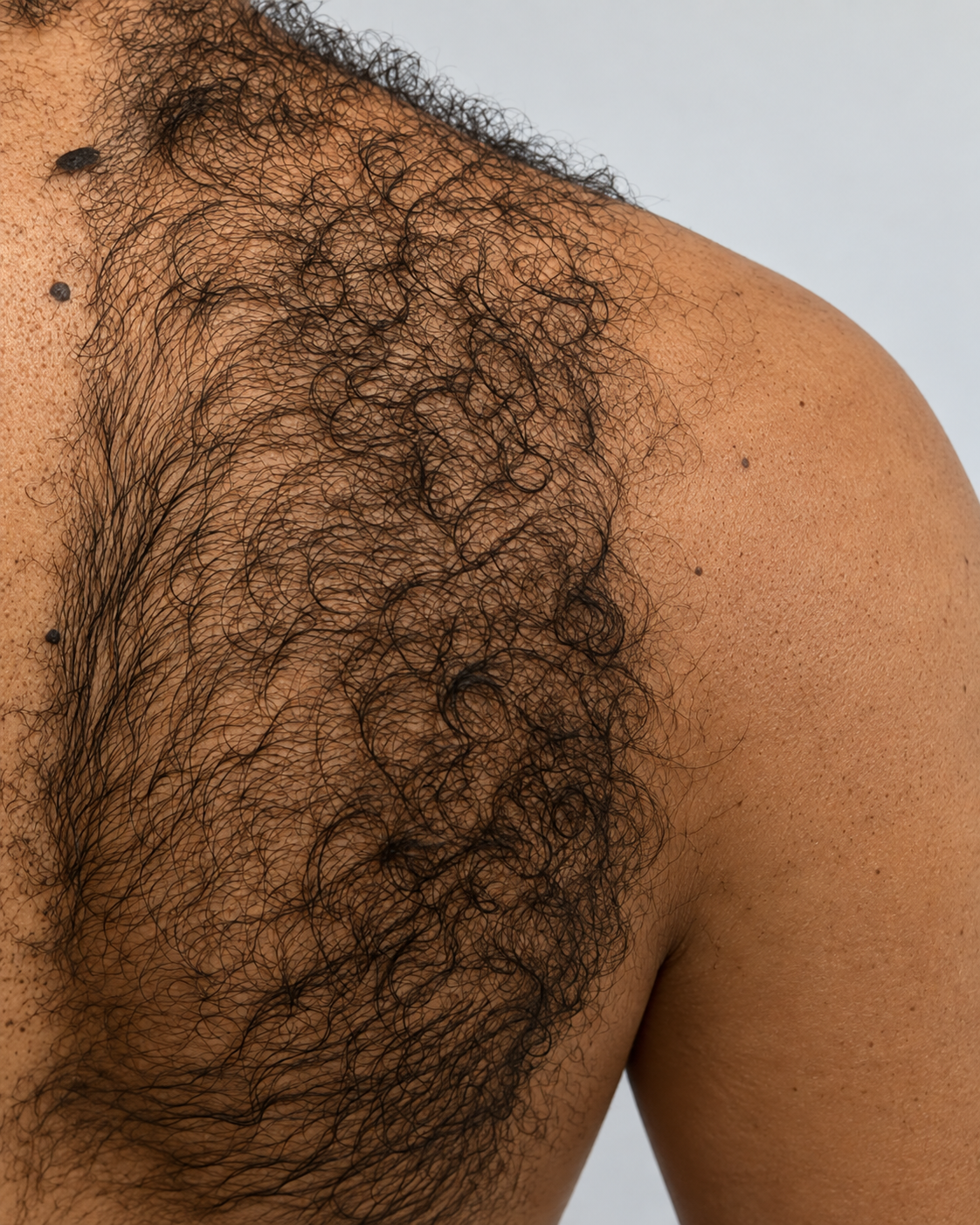 Dense hair across a man's shoulder and upper back before laser hair removal
