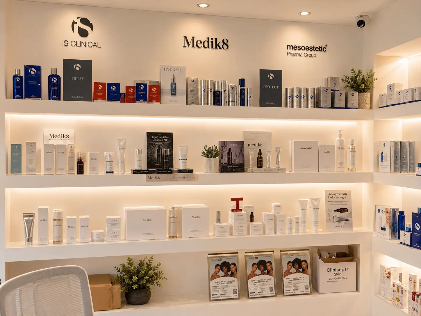 Shelves of iS Clinical, Medik8 and mesoestetic professional skincare at Dermacy Clinic in Armthorpe, Doncaster