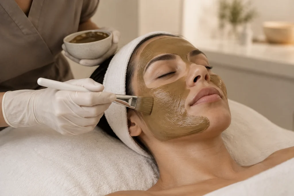 Illustration of a practitioner applying a brown depigmentation mask with a brush, leaving eyes and lips clear.