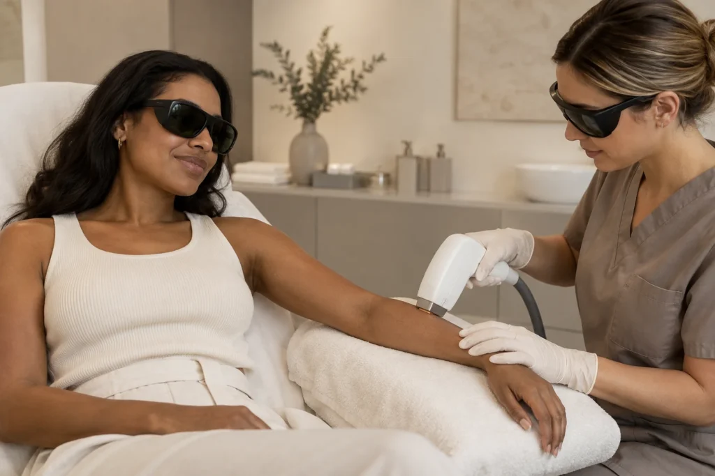 Illustration of forearm laser hair removal with the practitioner and client wearing protective eyewear.