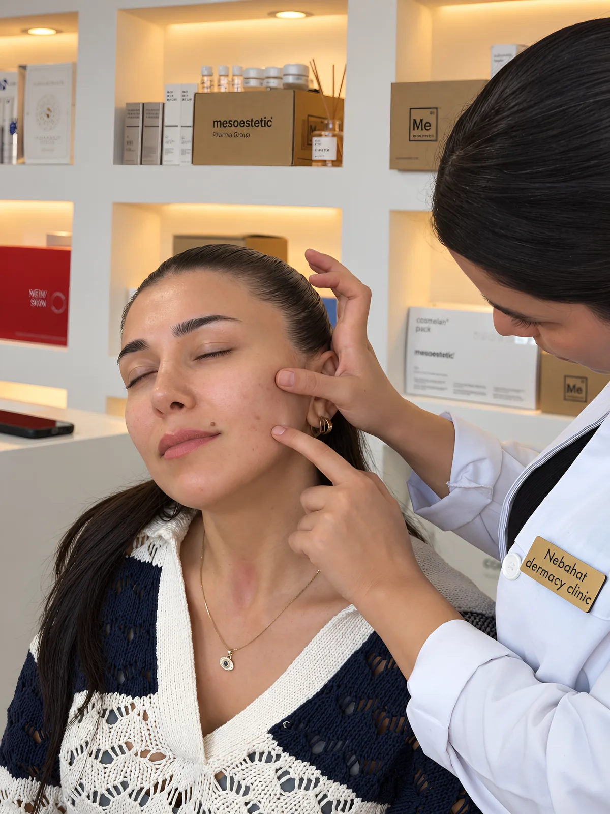 Practitioner checking the balance of a client’s cheek and jawline by hand