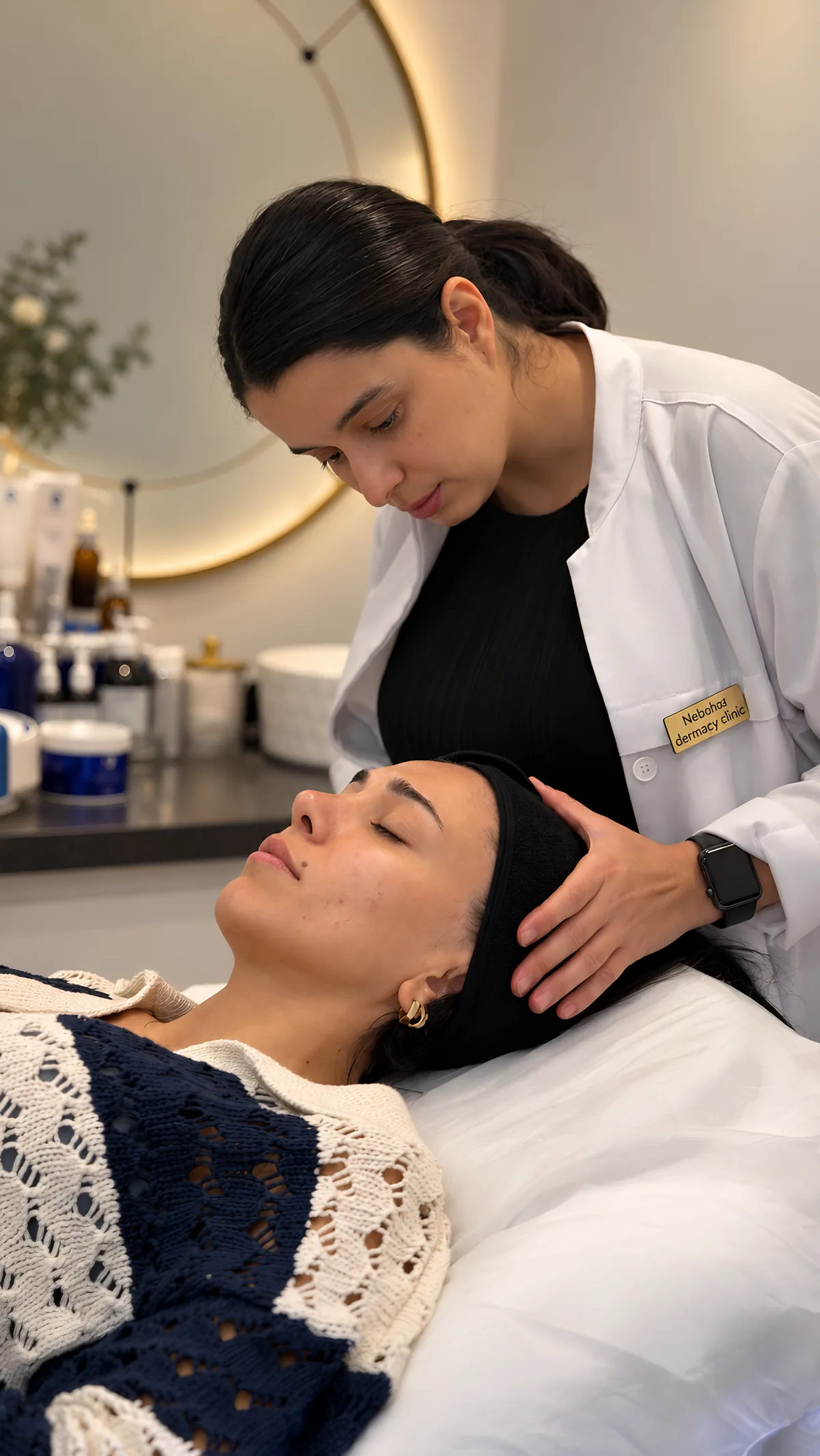 Client relaxing on the treatment bed while the practitioner prepares her skin