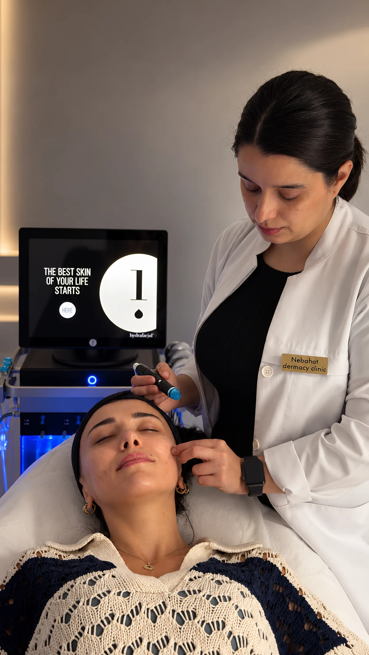 HydraFacial Vortex-Fusion tip clearing pores on a client's cheek beside the MD Elite system