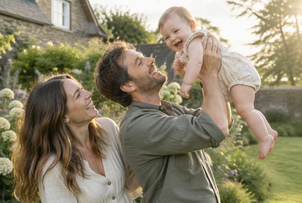 A father lifting his laughing baby in the garden while the mother watches