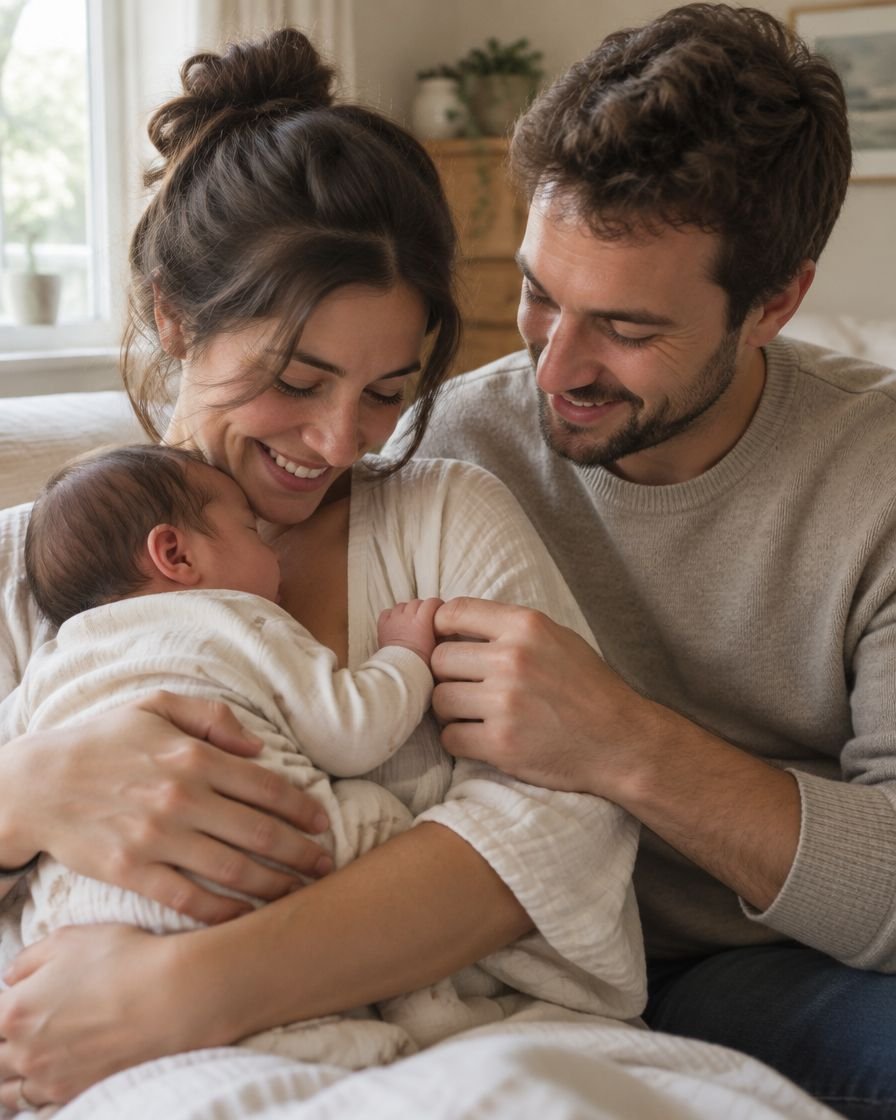 Parents at home with their newborn baby