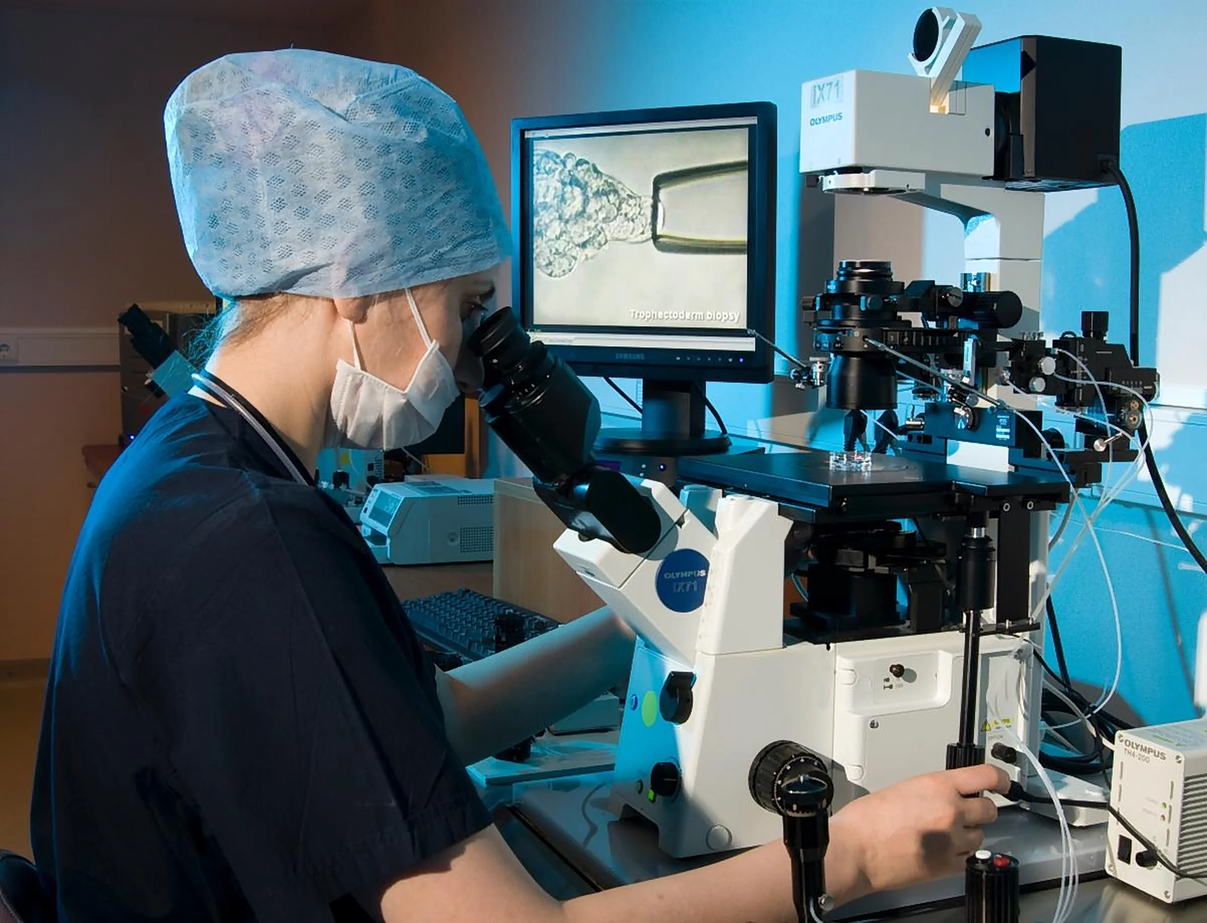 An embryologist working at a microscope in Memorial's IVF and embryology laboratory