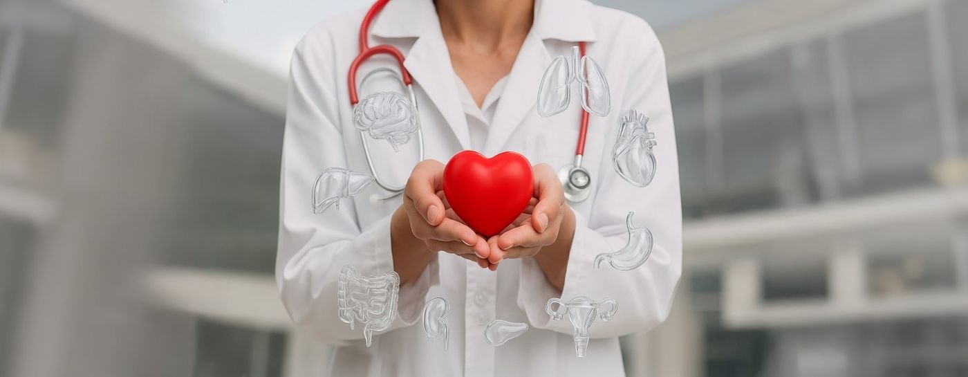 A Memorial doctor holding a red heart, for the health check-up in Istanbul