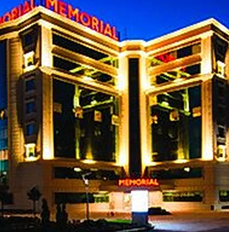 A Memorial hospital in Turkey, lit up at night