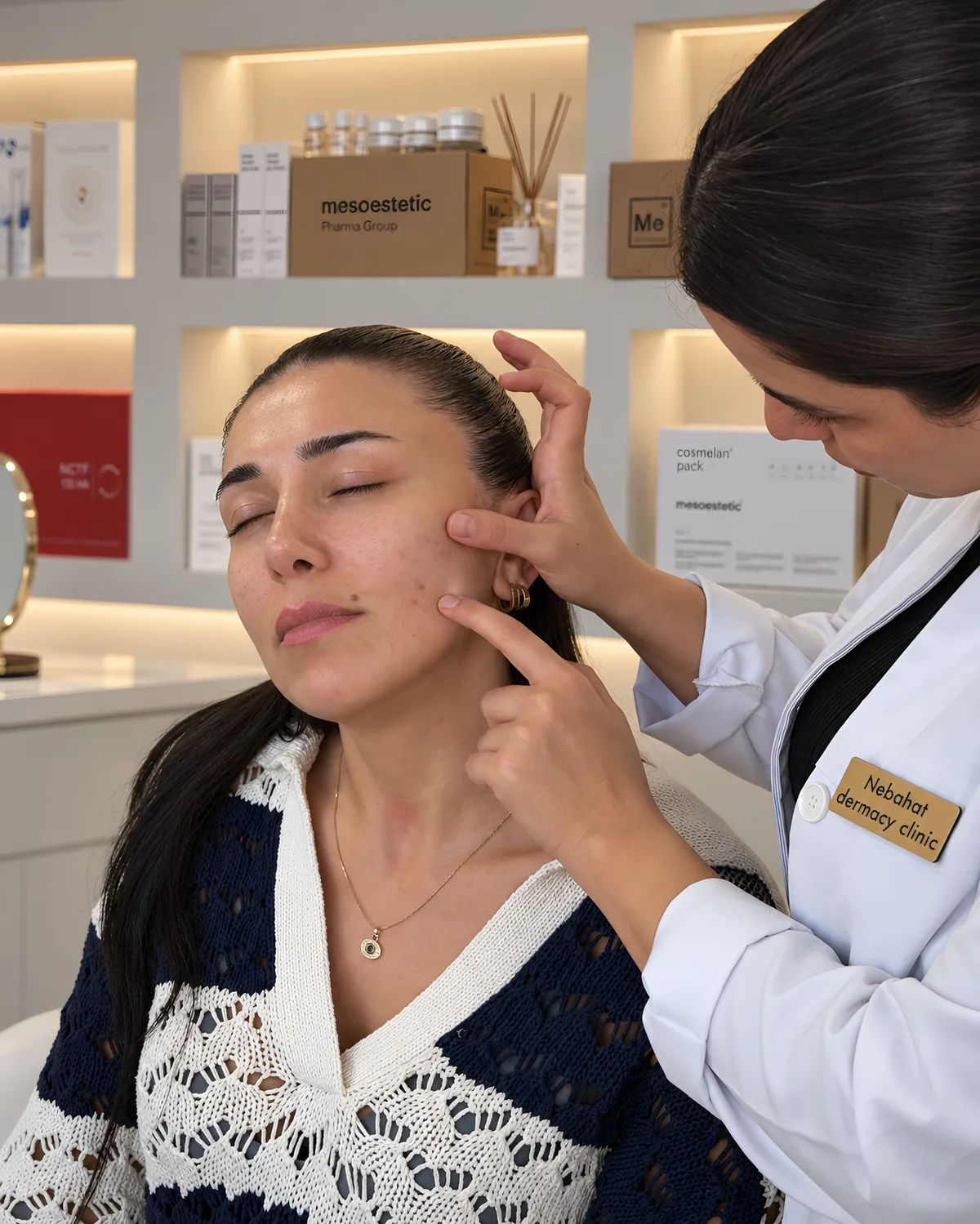 Practitioner assessing a client's face with her fingertips, skincare shelves behind